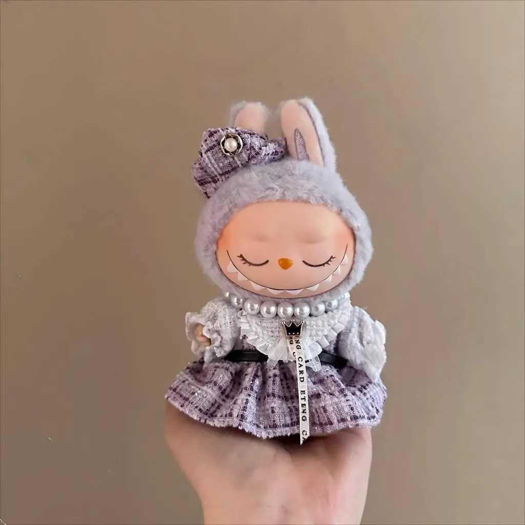 Luxury Purple Check Tweed Set with Plush Hood & Pearl Necklace for 15-17cm Labubu & 10cm Cotton Dolls AccessoriesT260304