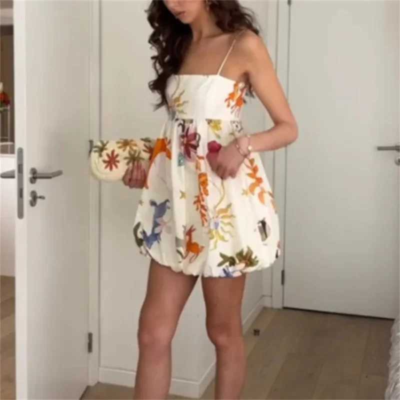 MUJER Print Slip Mini Dress Women Sleeveless Summer Dress Woman 2025 Ruched Sundress Vestidos Backless Short Dresses for Women M260304