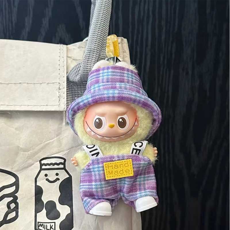 Trendy Floral Overalls Set with Bucket Hat & Hand Made Badge for 10cm Labubu Dolls Outfit AccessoriesT260304