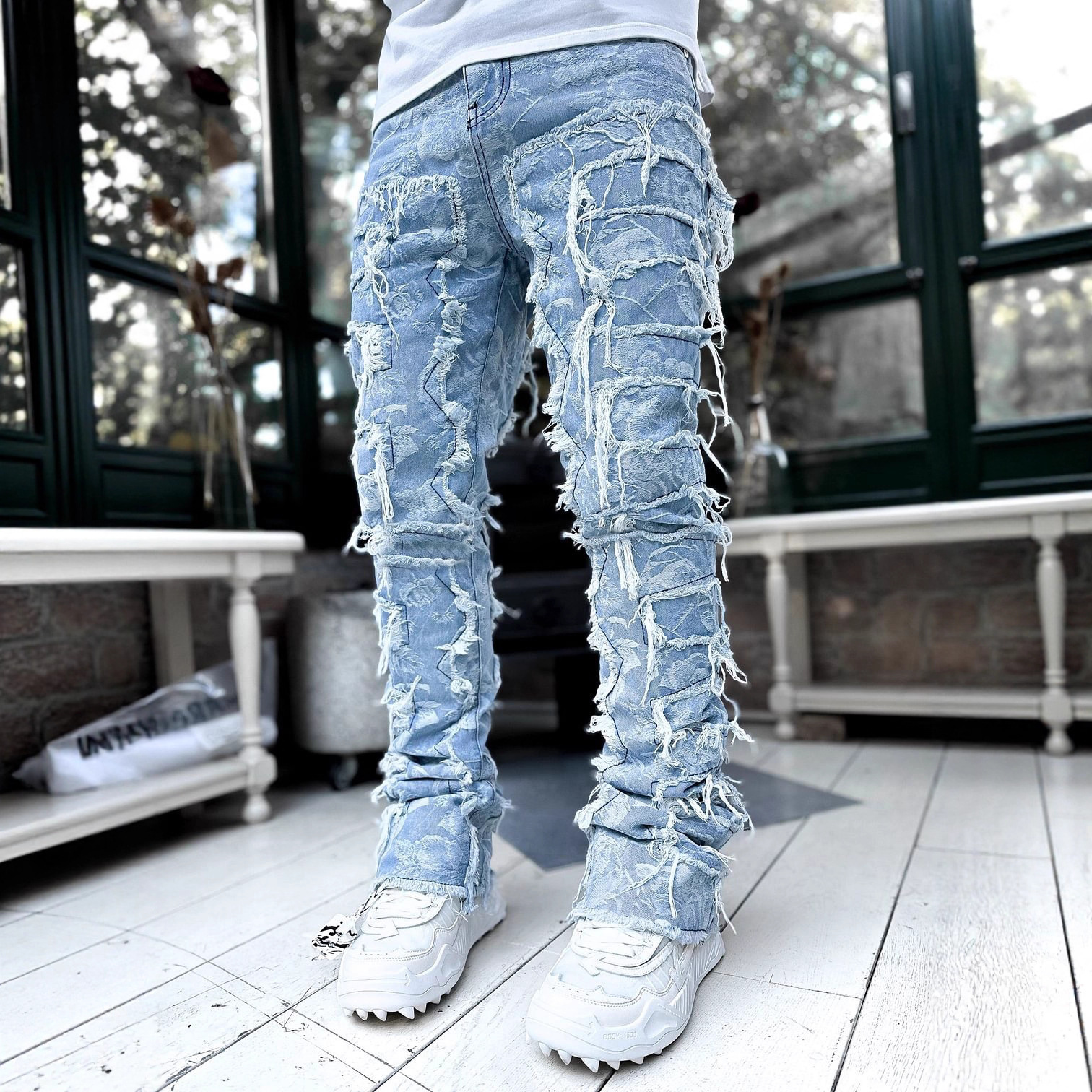 WISH European And American Men's Fashion Trendy Designer Pants Ins Stretch Tassel Patch Denim Straight-leg Pants