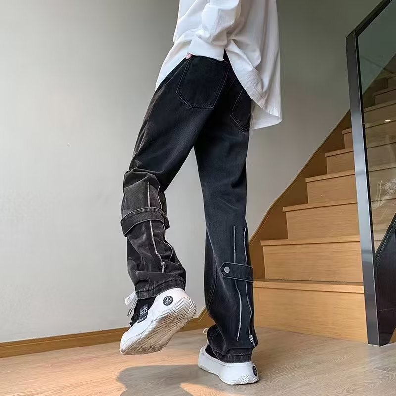Youthful Designer Pants Trendy Loose Straight-leg Casual Summer Men's Fashion Jeans With Zipper Washed New Straight-leg Pants