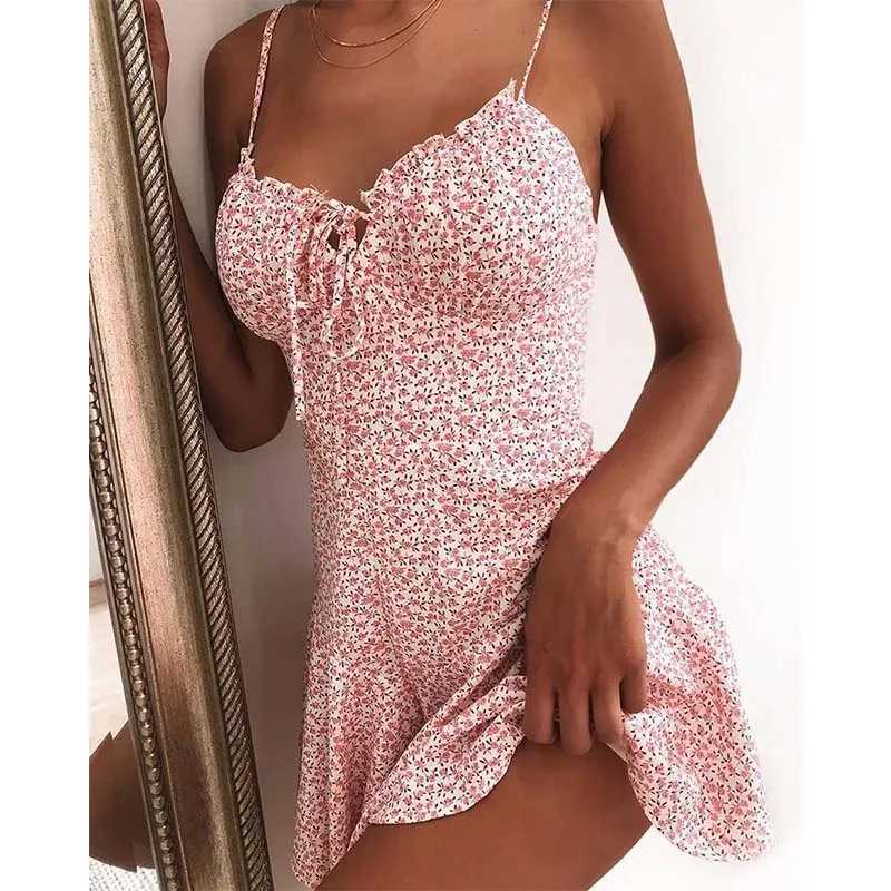 Floral Print A Line Mini Dresses Sexy Lady Dating Camisole Strapless Backless Dress Boho Solid Beach Clothing M260304