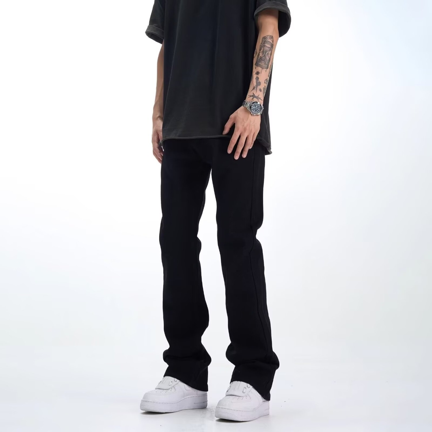 Men's Autumn Trendy High-end Drapey Stylish Black Designer Pants Casual Flared Long Jeans