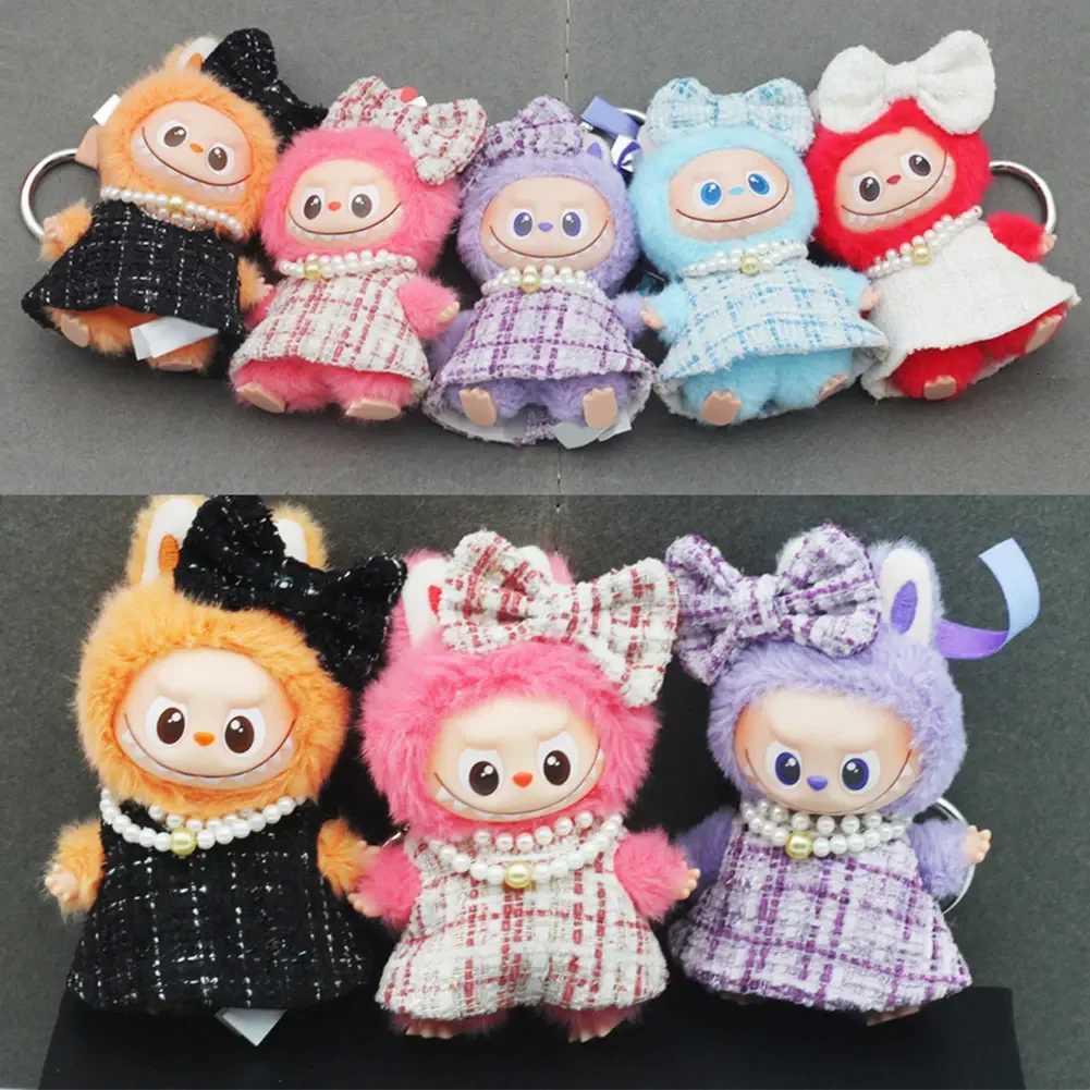 Luxury Plaid Tweed Dress Set with Bow & Pearl Necklace for 10.5cm V4 & 40cm Labubu Dolls Cute Outfit AccessoriesT260304