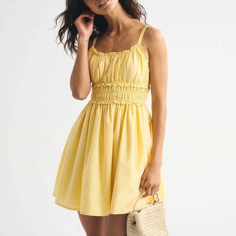 Elegant Floral Print Draped Suspender Dress Summer Fashion Hight Waist A-Line Dress Lady Sexy Off Shoulder Sleeveless Mini Dress M260304