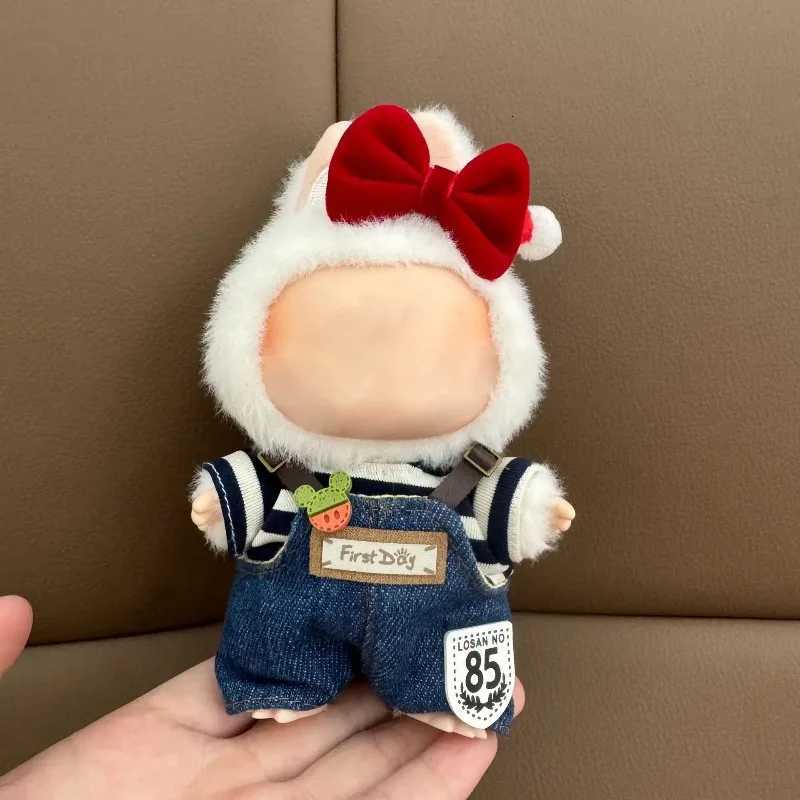 15/17cm Labubu Spring Denim Overalls Set, Cute Flower Doll Outfit with Hat & T-Shirt for Decoration & ReplacementT260304