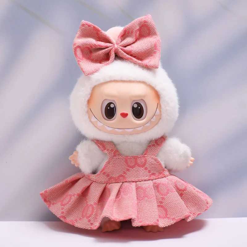 17cm Labubu Fashion Black Monogram Hat and Overalls Set, Doll Clothing for Party Game & DIY ToysT260304