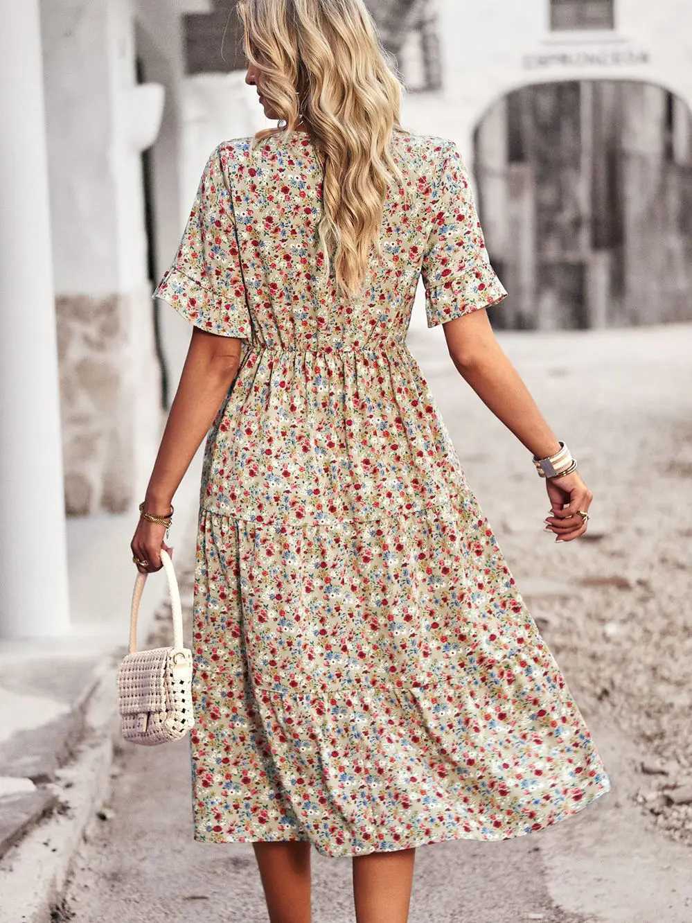 Summer Women V Neck Elegant Printed Short Sleeve High Waist A Line Floral Holiday Dress M260304