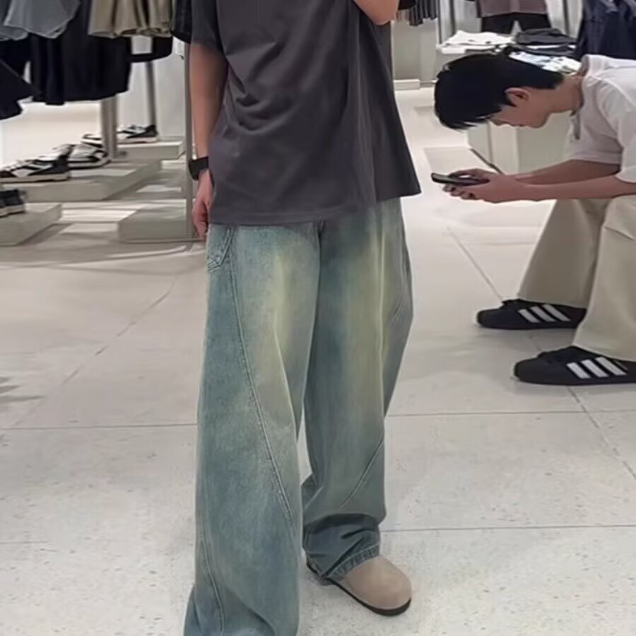 Versatile Designer Pants Summer Trendy Vintage Washed Straight-leg Jeans For Men American Street Style Loose Fit Wide-leg Trousers