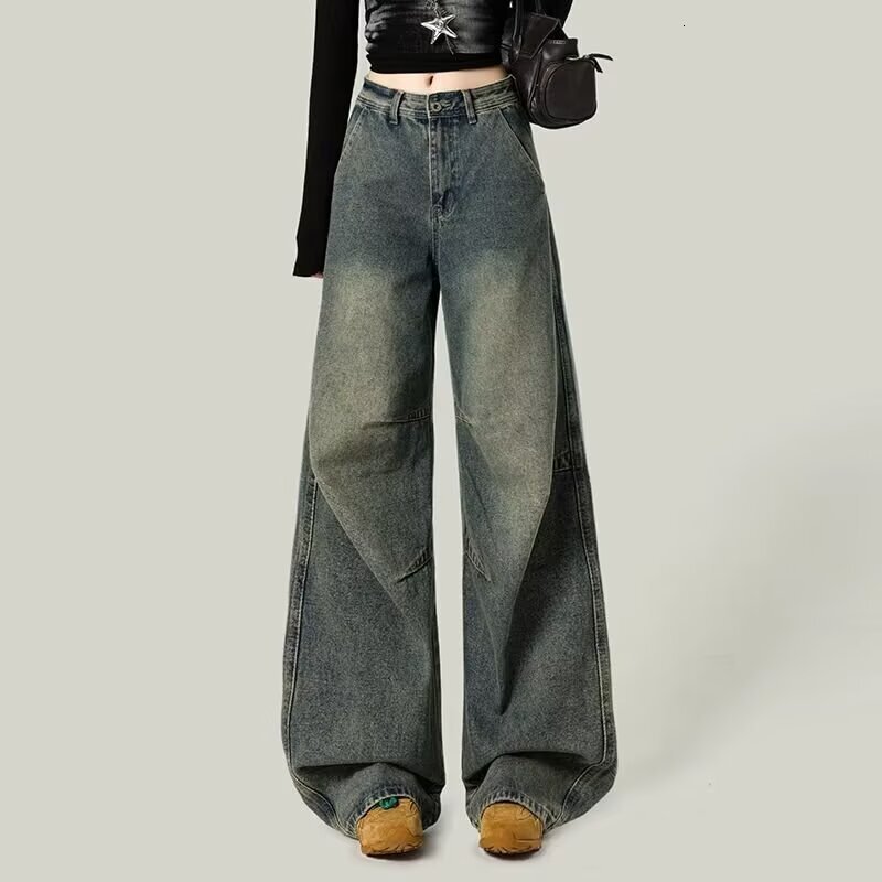American-style Washed Distressed Loose-fit Flared Jeans High-waisted Retro Slimming Designer Pants Versatile Straight-leg Pants For Spring And Autumn