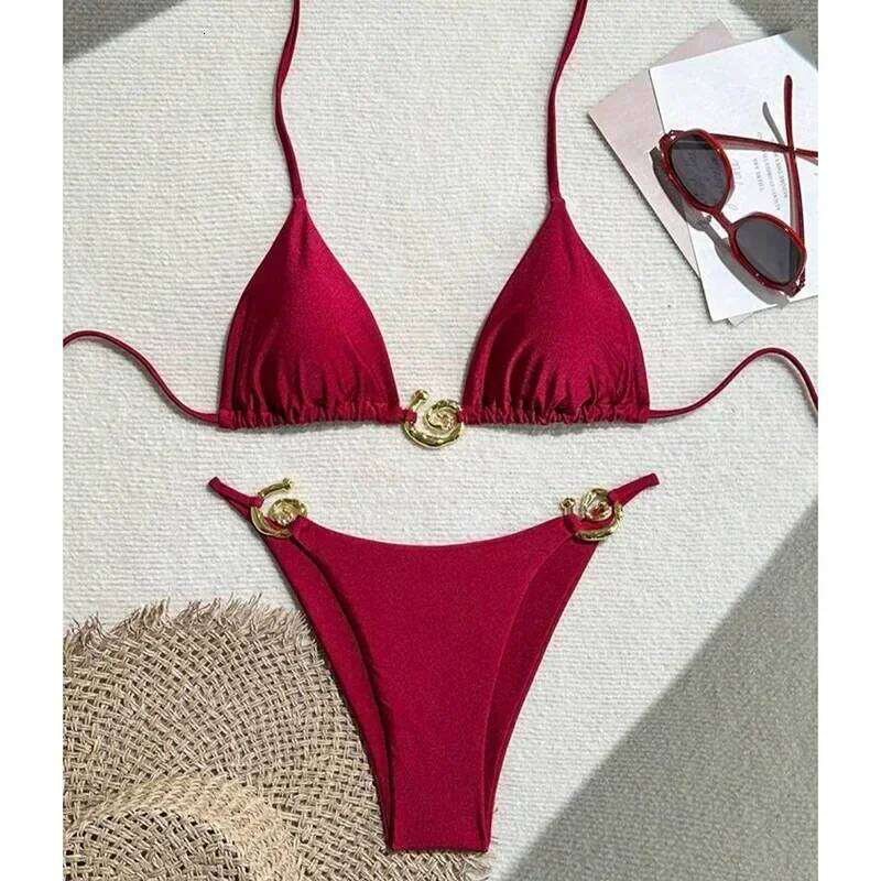 Metal Micro Swimwear Women Sexy Lace Up Triangle Halter High Cut Thong Bikini 2025 New Beach Bathing Suit 2 Piece Set Y260303