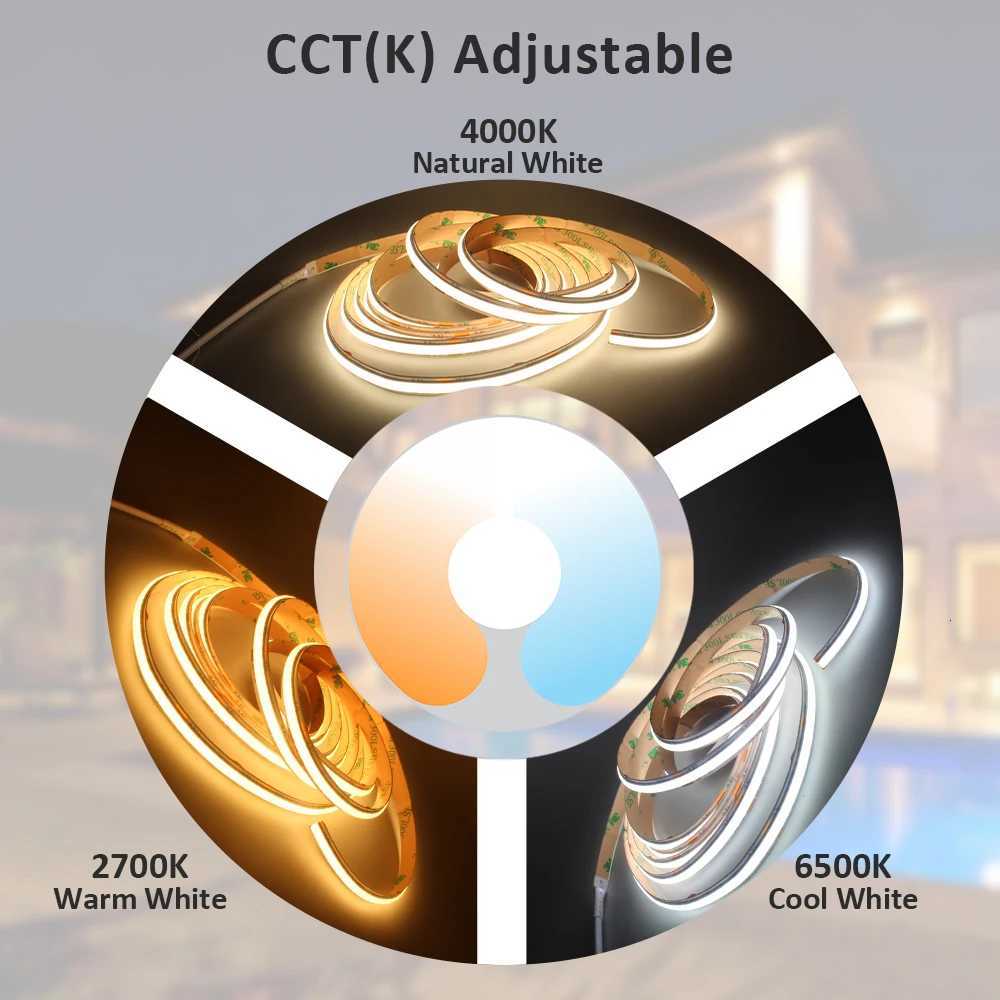 1M 2M 3M 4M 5M CCT COB LED Strip Light 24V Flexible Ribbon WW CW 2700-6500K Dimmable Linear Lighting with Remote Control EU Set H260304