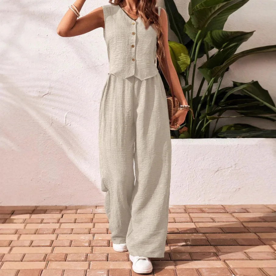 Summer Cotton Linen Women V-Neck Vest Front Button Vest Trousers Casual Suit Women Short Vest Top Pants Two Peice Set 260228