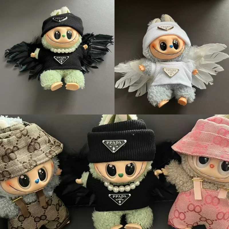 15/17cm Labubu Pink Overalls & Hat Set, Luxury Doll Outfit with Triangle Logo for Party & Fashion AccessoriesT260304