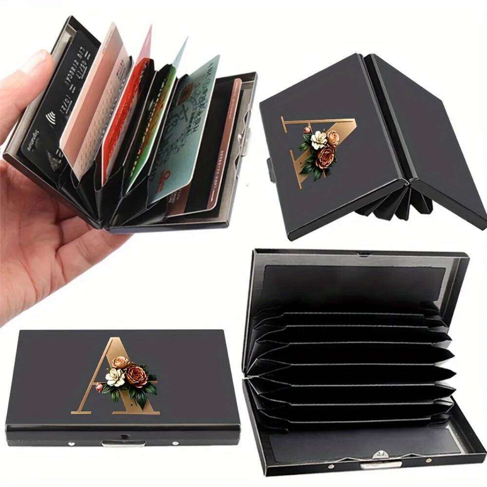 1pc 26 Letters Print 6 card slots RFID Blocking Credit Holder, Stainless Steel Business Card Holder C260304