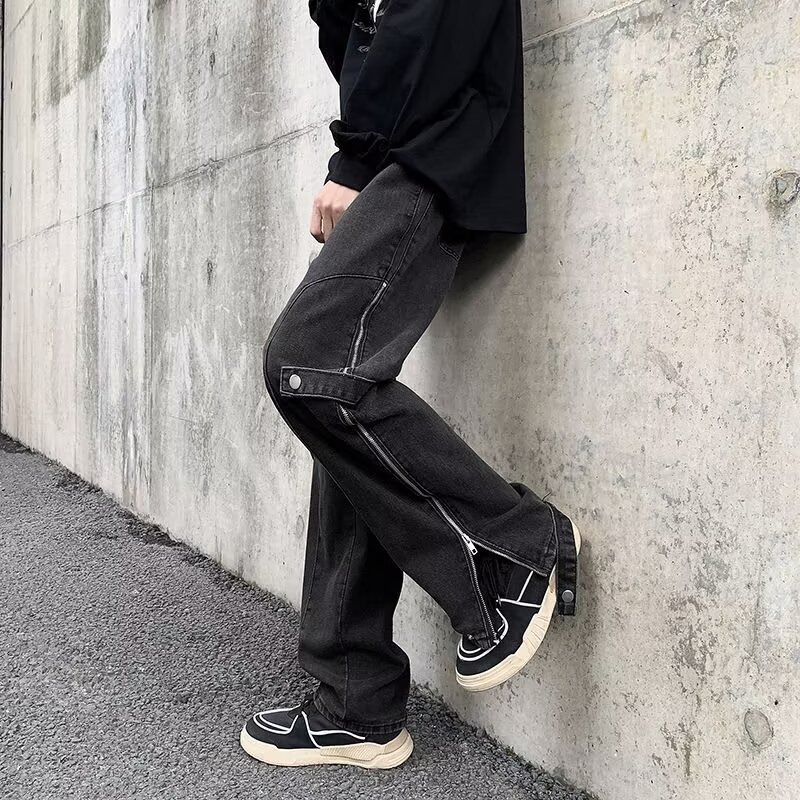 American-style Jeans With A High Street Vibe Retro Zipper Designer Pants Straight Cut Slit Loose Casual Trousers