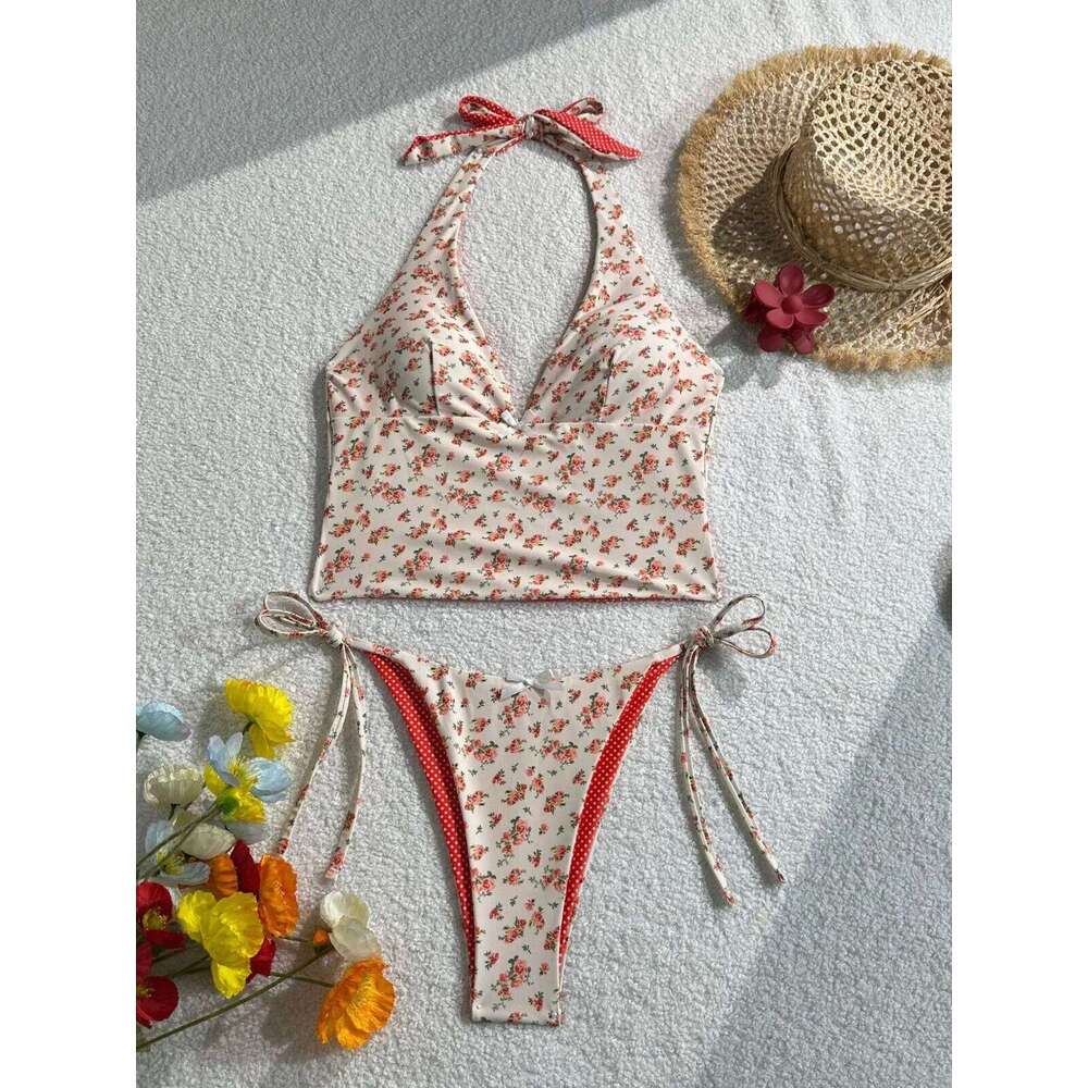 2025 Floral Halter Bikini Women's Sexy Backless Swimwear with Tie Detail Summer Strappy Two Piece Bathing Suit Holiday Y260303
