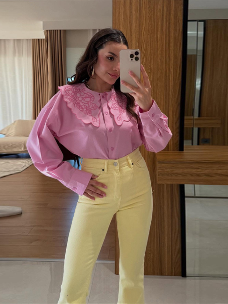 Embroidery Doll Collar Shirt Women Single Breasted Loose Long Lantern Sleeve Top Spring Street Shirts Female Blouses Pink 240807