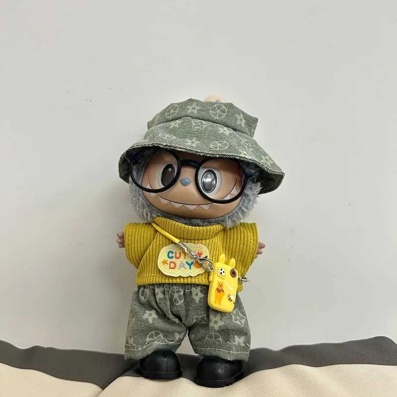 Retro Monogram Casual Set with Bucket Hat, Sweater, Phone Bag & Glasses for 17cm Labubu Dolls Blind Box Outfit AccessoriesT260304