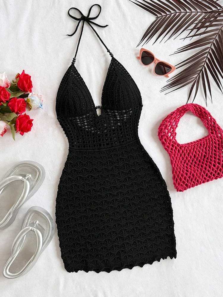 Summer sexy V-neck hollowed out wooden bead slim fit dress with vacation straps and strapless gradient color knitted dress M260304