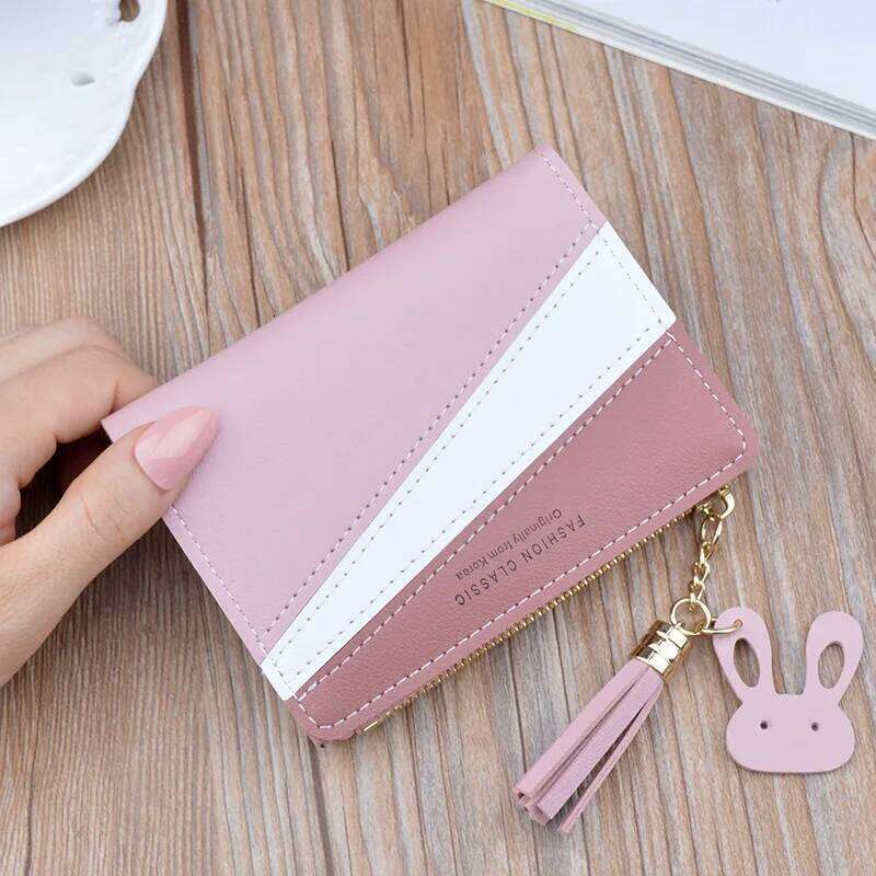 Women Wallet Patchwork Design Small Zipper Coin Purse Tassel Decoration Money Bag Simple Card Holder Contrast Color PU Leather C260304