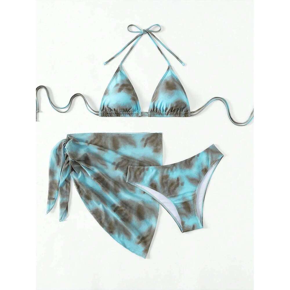 Women's 3 Piece Gradient Tie Dye Bathing Suit Lace Up High Cut Bikini with Beach Skirt Y260303
