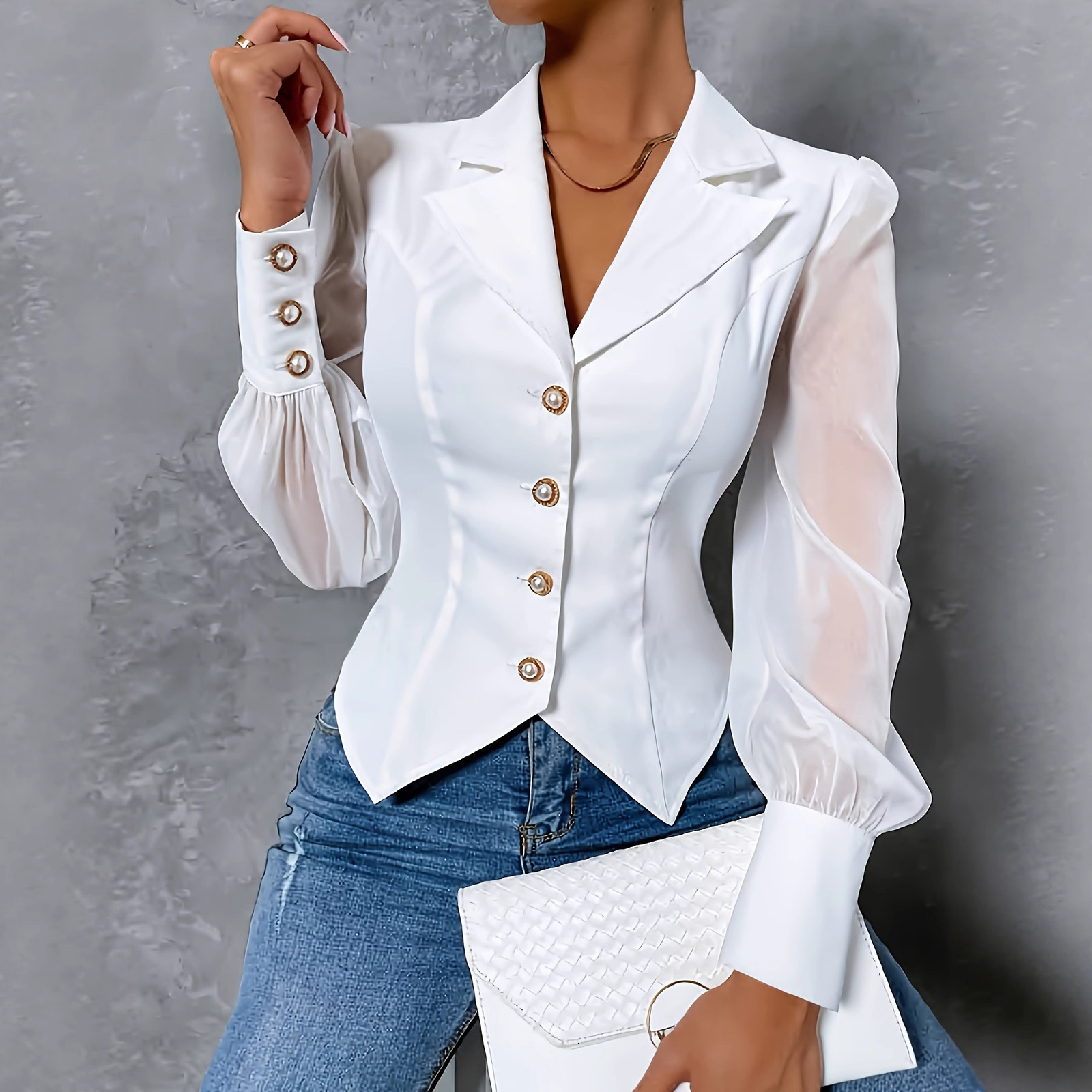 Yeezzi Womens Lapel Blazer Suits Blouses Spring Summer Puff Sleeves See-Through Split-Joint Urban Office Shirts Tops 240715