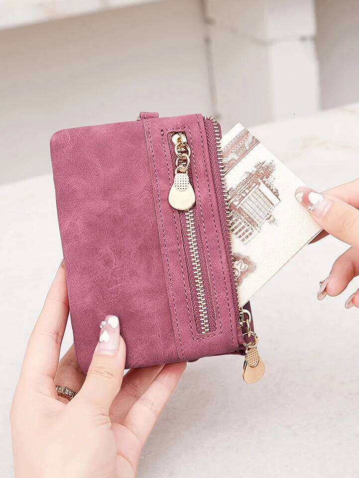 Retro double fold PU leather short wallet with zipper coin pocket multiple slots and wrist band casual portable card clip C260304