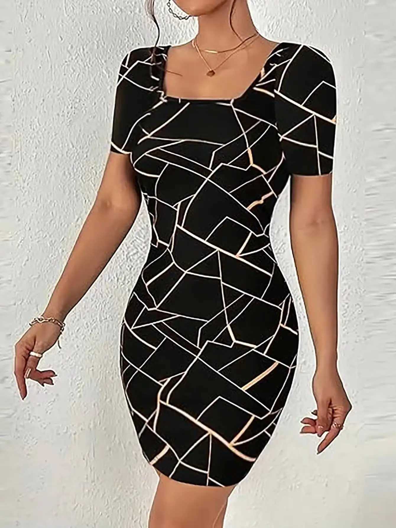 Women Dress Square Neck Short Sleeve Geometric Print Bodycon Mini Dress Sleek Spring Summer Chic Party Club Night Out Flattering M260304
