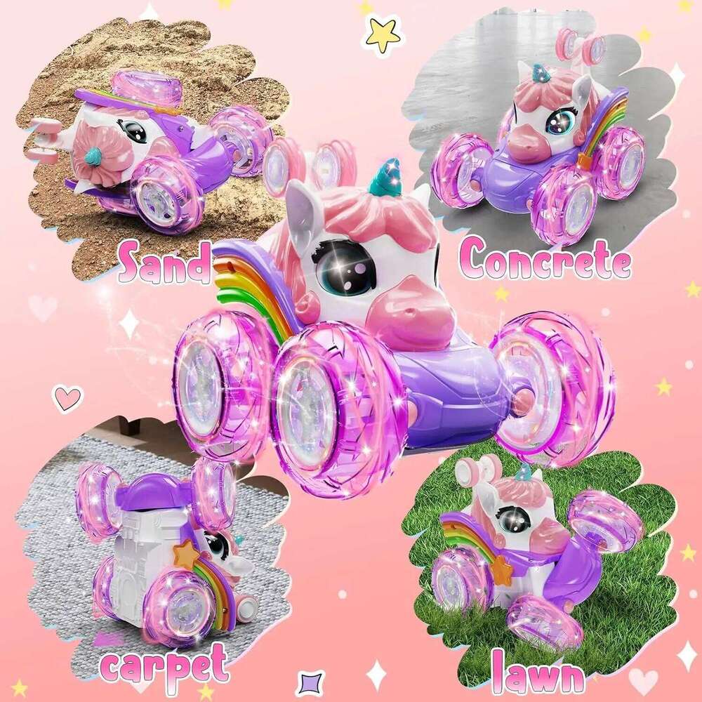 Unicorn Remote Control Car for Girls, 360 Rotating 4WD Stunt RC Cars with Cute Lights, Rechargeable Toys-Kid Birthday Gifts Z260303
