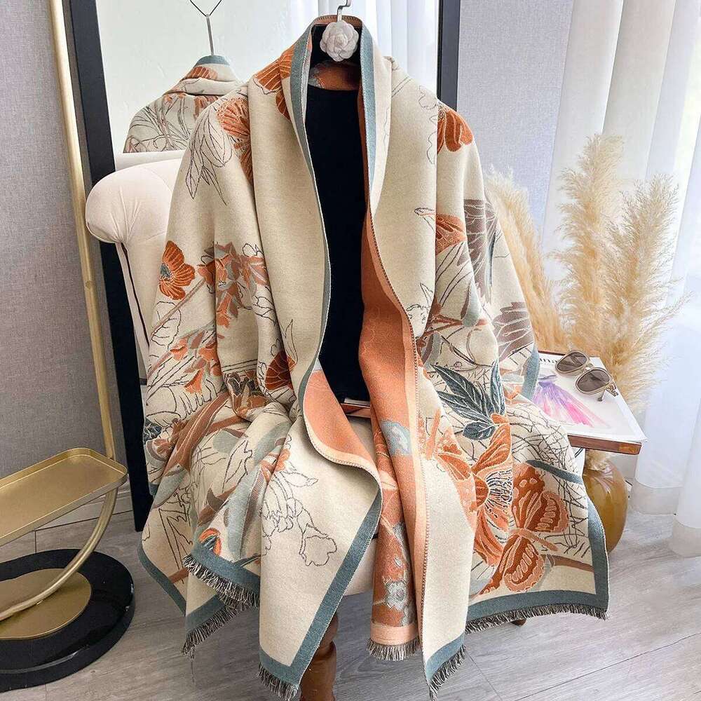 Women's Flower Warm Shawl Simple Thick Imitation Cashmere Scarf with Jacquard Ideal for Autumn and Winter XJ260304