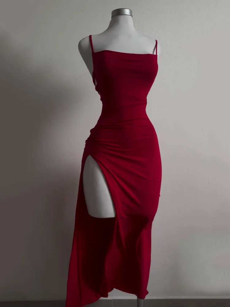 Sexy Backless Lace Up Long Dress Women Split Sleeveless Bodycon Party Club Evening Dresses High Street Female Suspender Robes M260304