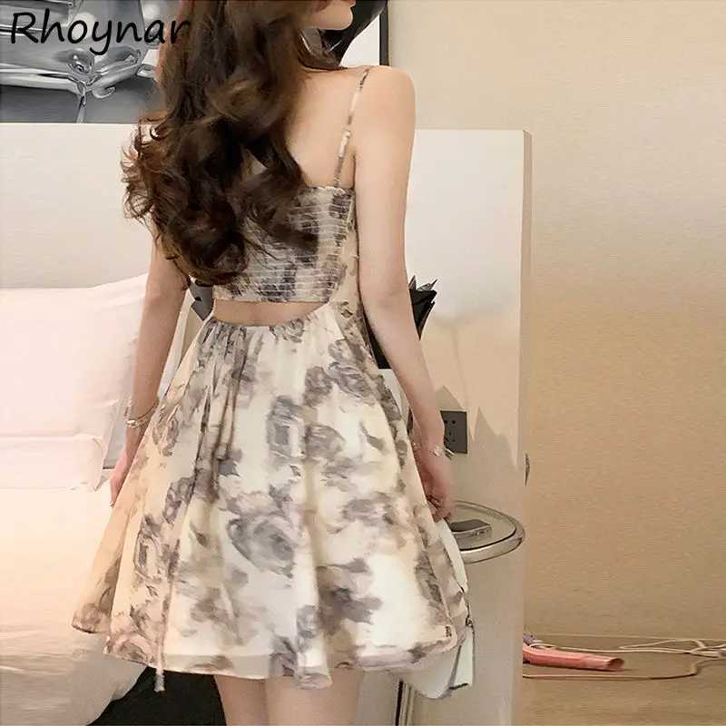 Dresses Women Ink Printed Waist Hollow Out Backless French Temper Chic Sundress All-match Sweet Sexy Girls Streetwear Summer M260304