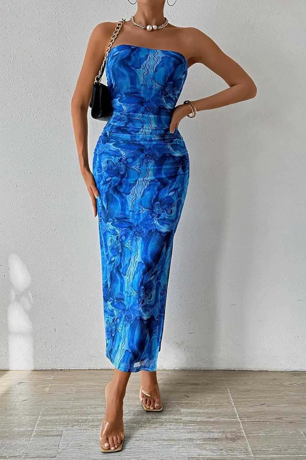 Summer Women Sexy Chestless Hem Slit Sleeveless Printed Dress M260304