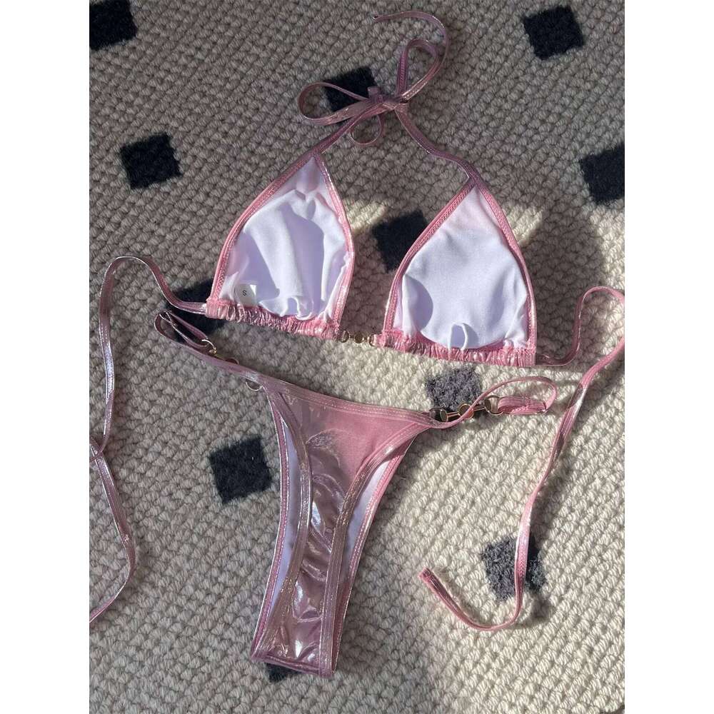 Shiny Pink Micro Bikini 2025 Mujer Women Sexy PU Pearls Push Up Thong Swimsuit Summer Bathing Suit Bandage Holiday Swimwear Y260303