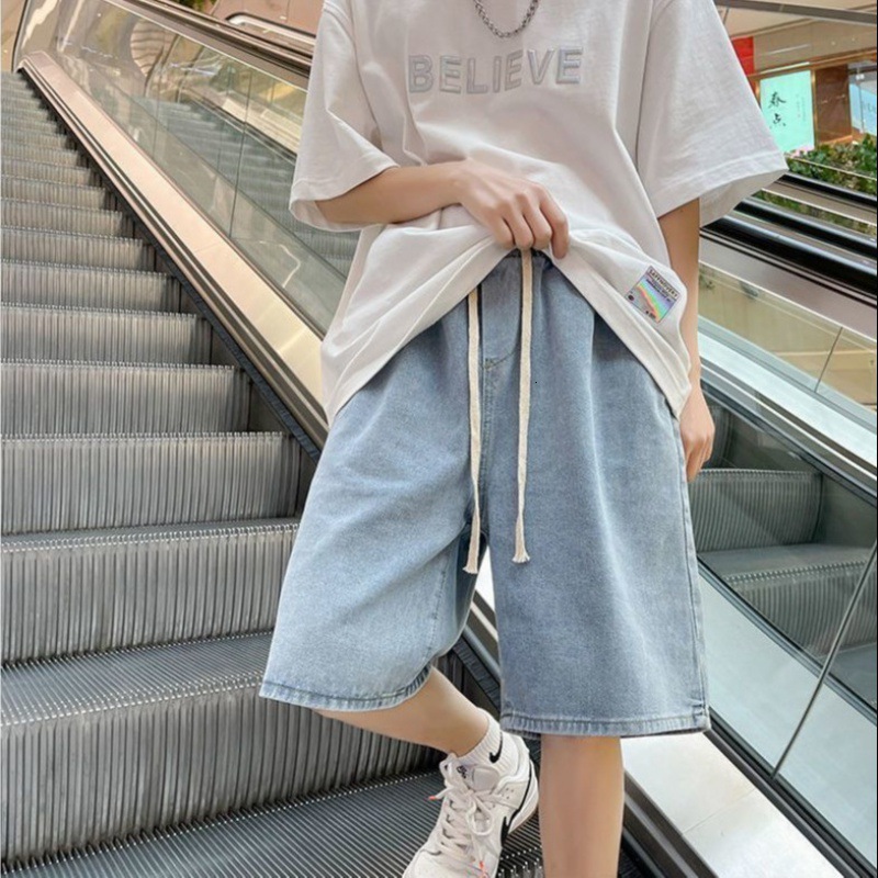 Summer Denim Shorts For Men Trendy Thin Casual Designer Pants Elastic Waist Knee-length Pants Loose Straight Sports Shorts