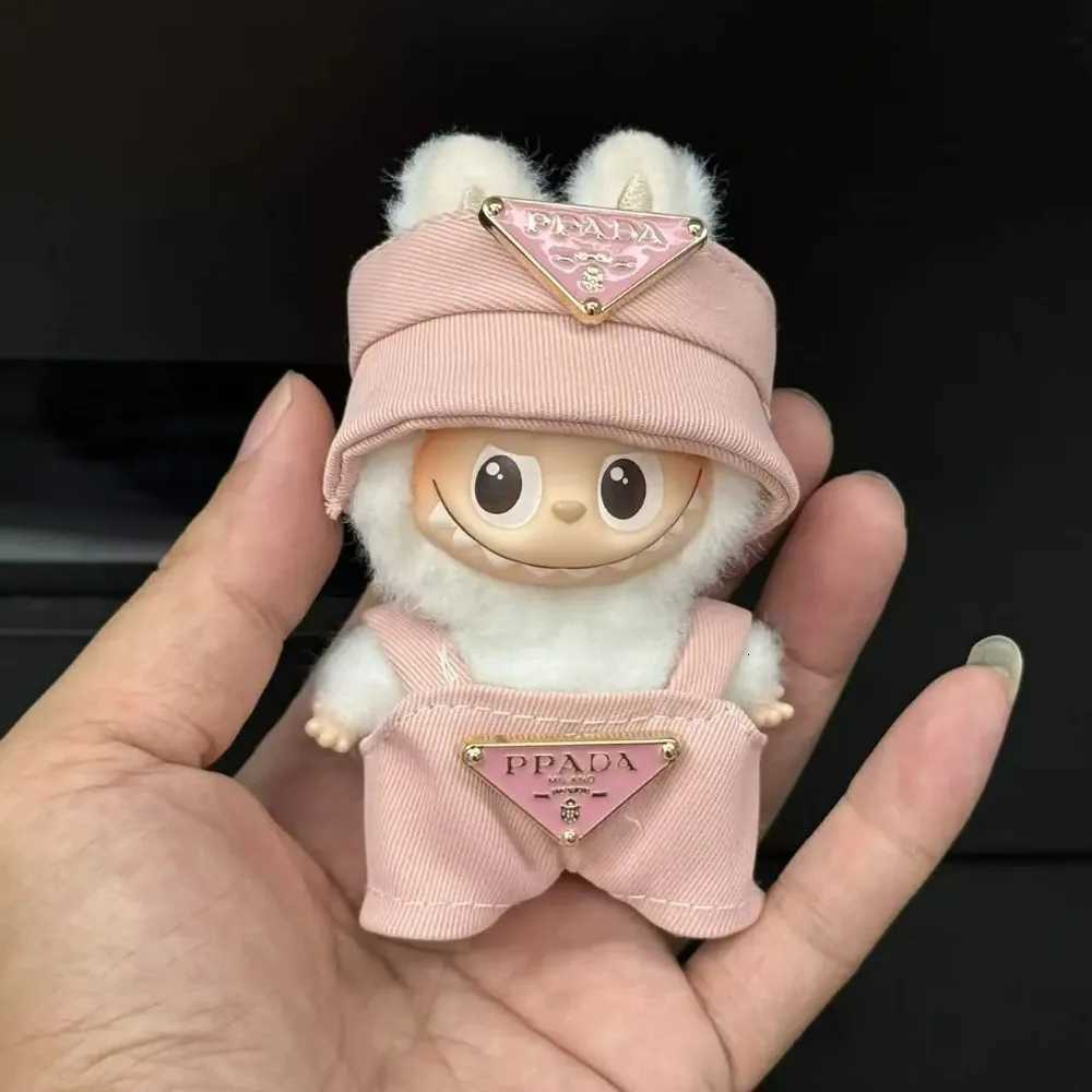 17cm Labubu V4 Luxury Pink Overalls & Hat Set, Cute Doll Outfit with Triangle Logo for The Monsters Pin AccessoriesT260304