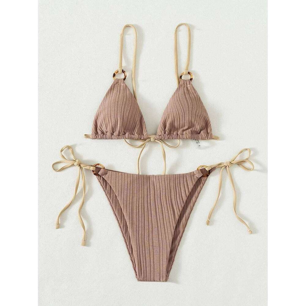 sexy rib texture triangle string bikini set women push up padded thong swimsuit female cut out bathing suit swimwear biquini Y260303