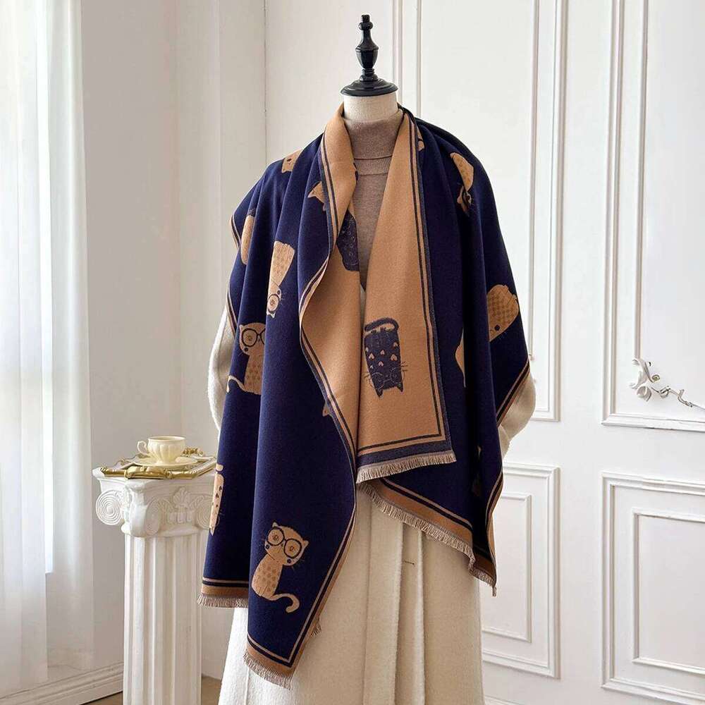Cartoon Cat Printed Cashmere Scarves for Women Winter Thick Warm Blanket Scarf Shawl Wraps Ladies Fashion Pashmina Cape XJ260304