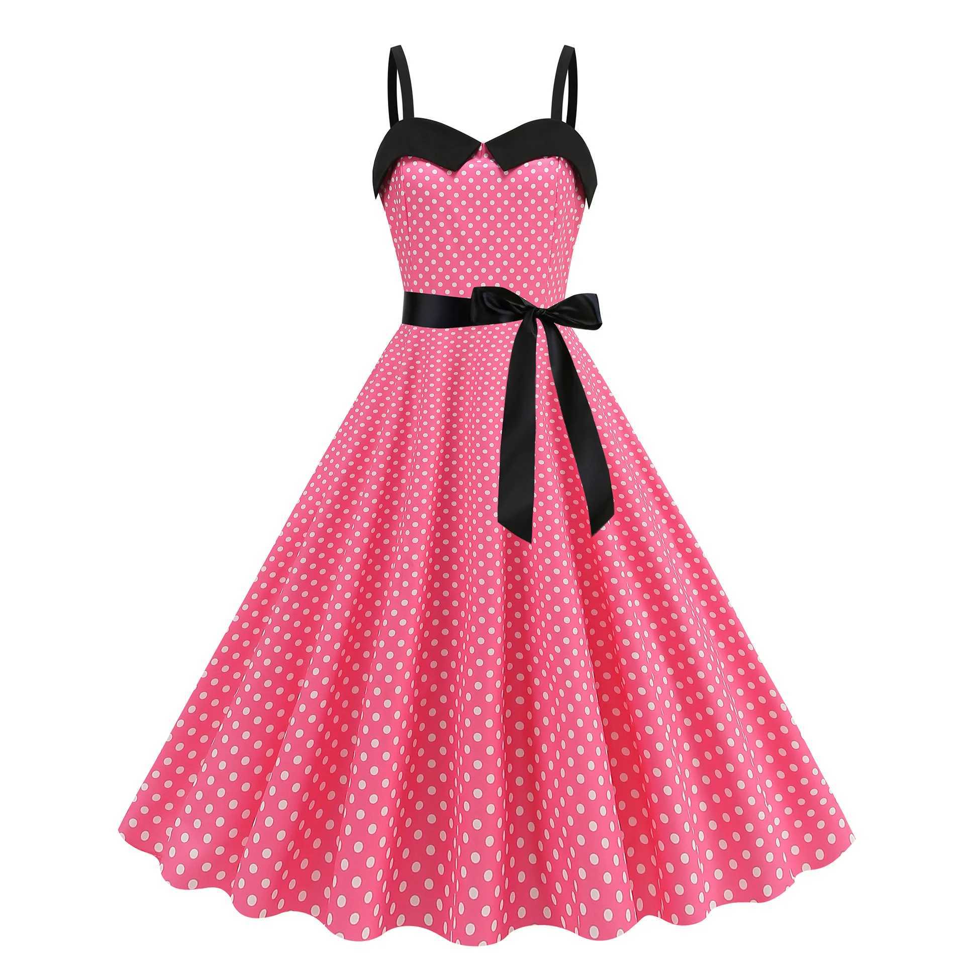 Elegant Women Pink Polka Dot Dress Summer Robe Hepburn 1950s 60s Vintage Sexy Halter Rockabilly Retro Party Dresses 2026 Vestido M260304