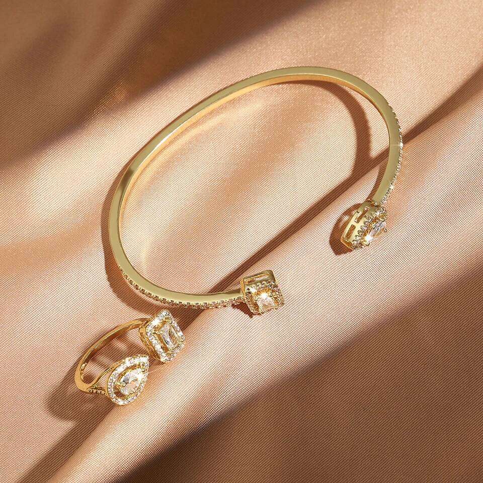 Fashion Cubic Zirconia Water Drop Open Bracelet Ring Women Men Couple Copper Metal Holiday Gift Set Party Daily Jewelry XJ260303