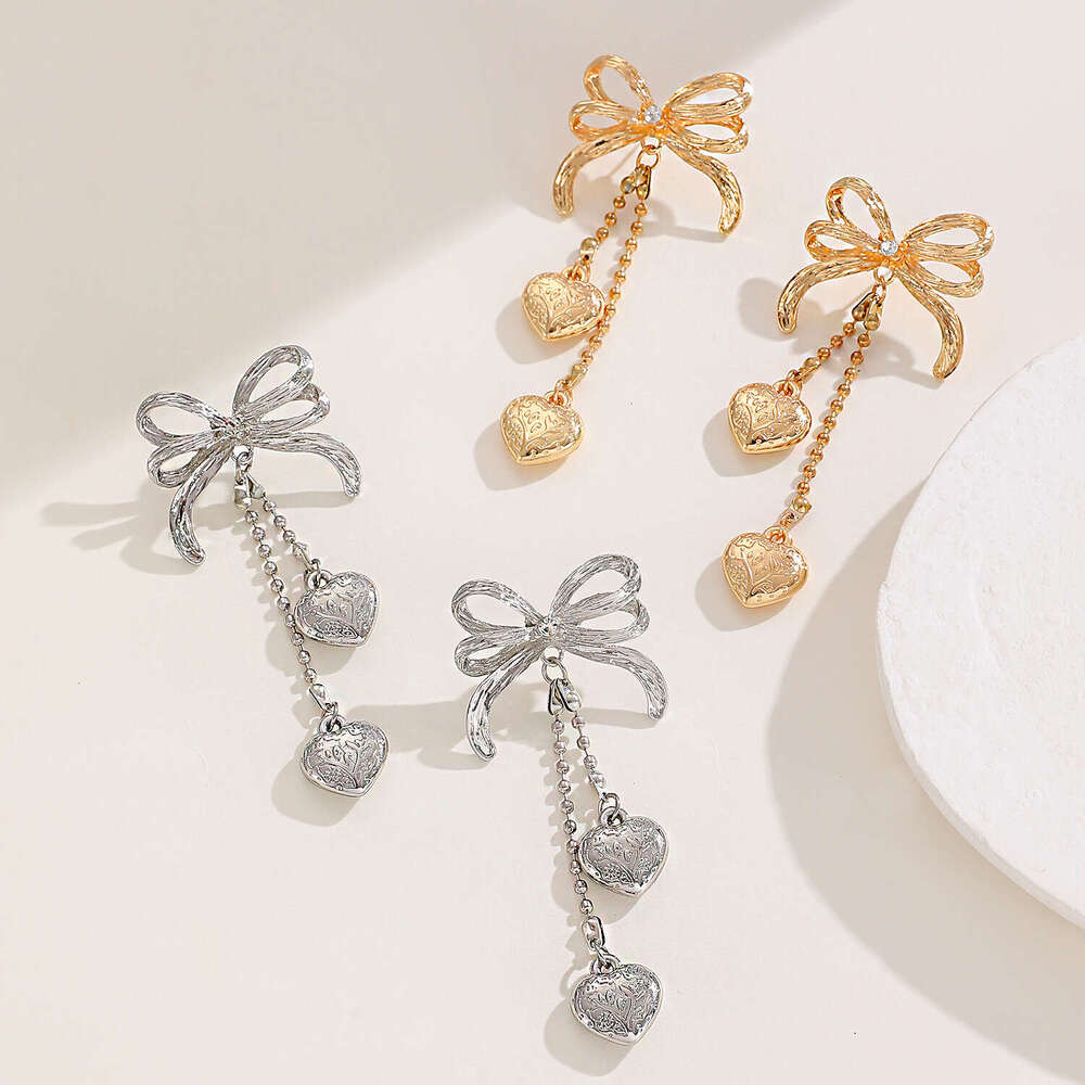French-style Bow-shaped Stud Earrings With Dangling Fringes And Heart-shaped Pendant For Women
