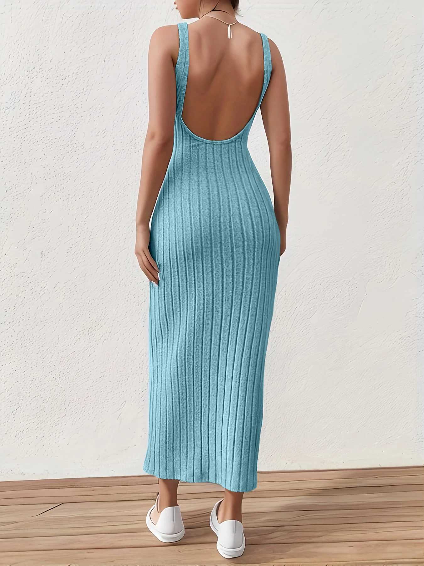Solid Backless Tank DressSummer new sexy backless mid-length knitted sleeveless dress M260304