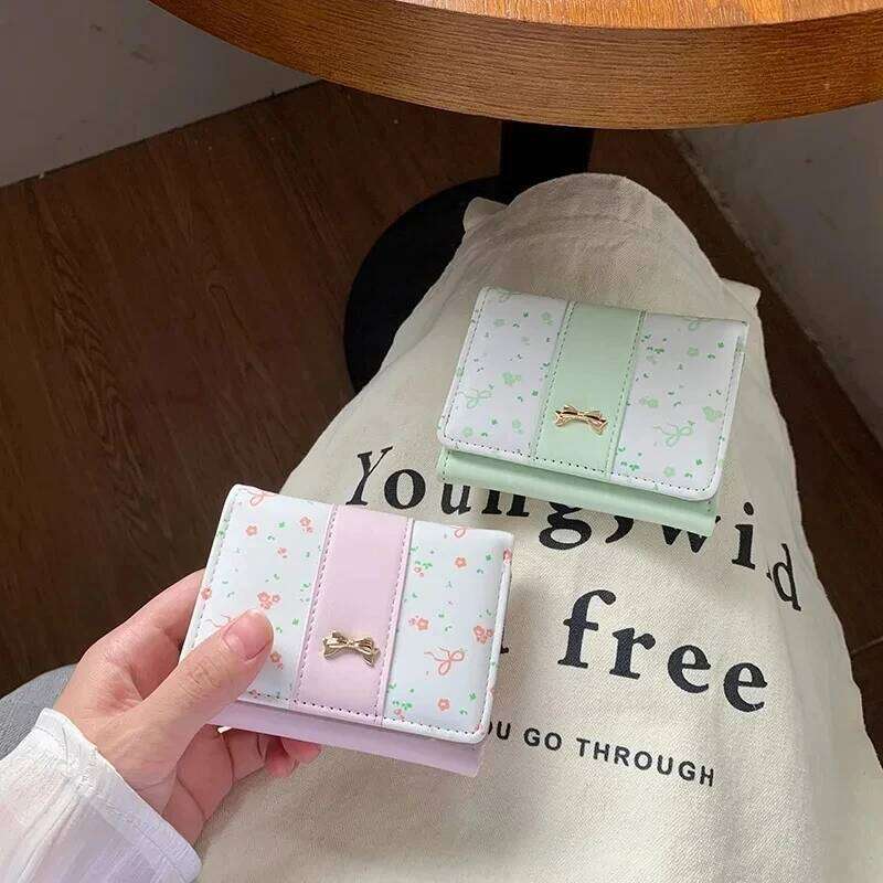 Girls Cute Fashion Floral Bow Women's Small Multi-card Slot Simple Holder Hasp Three Fold Purse Card Bag Wallet C260304