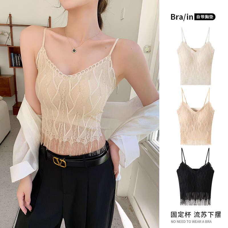 H189 Premium Lace Tassel Camisole For Women Designer Shirt Summer Inner Polo Shirt Designer Hoodie Wear With Chest Pads Short Undergarment