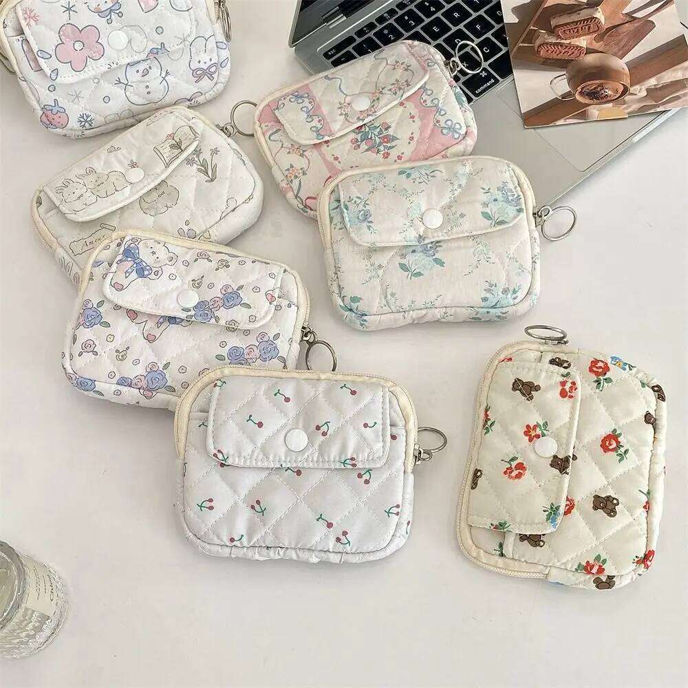 Kawaii Floral Coin Purse Cartoon Printing Multifuctional Small Makeup Lipstick Bag Korean Style Card Holder C260304