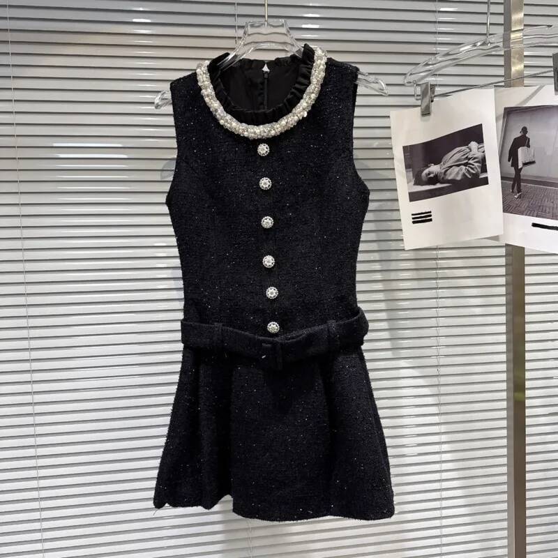 High Quality 2026 Spring Summer New French Luxury Small Fragrance Tweed Dresses For Women Pearl Collar Party Dress Robes Femmes
