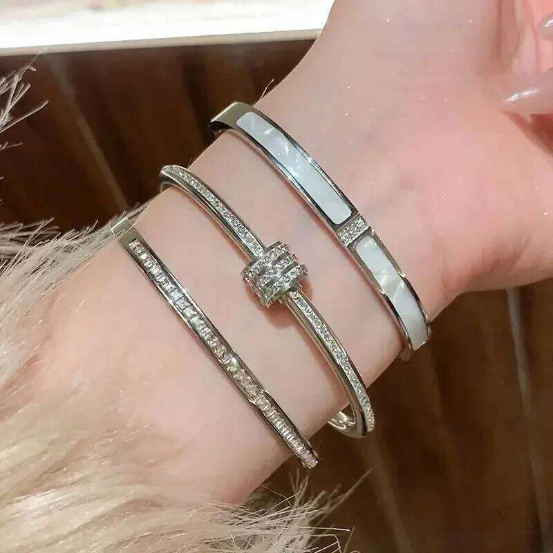 Silver Color Bracelet for Women Girls Titanium Steel 18K Gold Plated Waterproof Jewelry Luxury Sparkling Zircon Bangles XJ260303