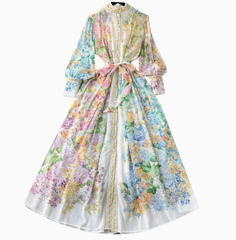 Fashion Runway Gorgeous Flower Holiday Chiffon Dress Women Stand Long Lantern Sleeve Floral Print Belt Lace Up Boho Robe Vestido 240812