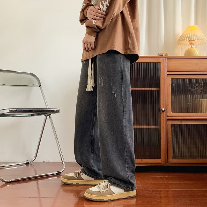 Loose Designer Pants Straight-leg Denim Jeans Washed Casual Trendy Mid-rise For Young Men In Autumn
